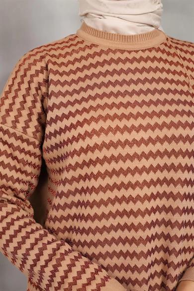 KADIN MODEST YAN ÇİZGİ DESENLİ SİMLİ TRİKO TUNİK PANTOLON 2Lİ ALT-ÜST TAKIM