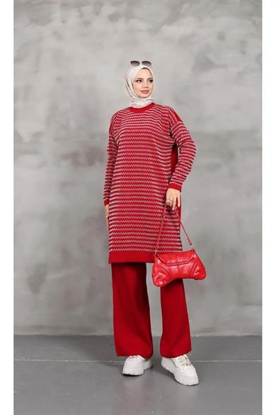 KADIN MODEST YAN ÇİZGİ DESENLİ SİMLİ TRİKO TUNİK PANTOLON 2Lİ ALT-ÜST TAKIM