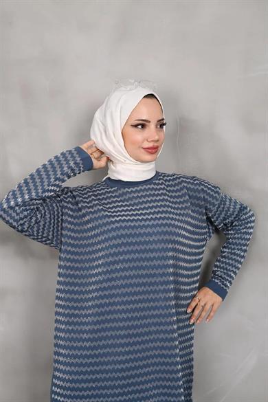 KADIN MODEST YAN ÇİZGİ DESENLİ SİMLİ TRİKO TUNİK PANTOLON 2Lİ ALT-ÜST TAKIM