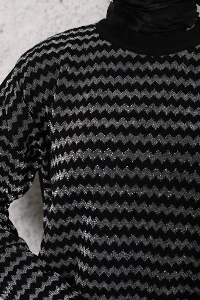 KADIN MODEST YAN ÇİZGİ DESENLİ SİMLİ TRİKO TUNİK PANTOLON 2Lİ ALT-ÜST TAKIM