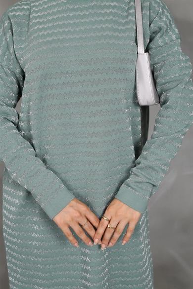 KADIN MODEST YAN ÇİZGİ DESENLİ SİMLİ TRİKO TUNİK PANTOLON 2Lİ ALT-ÜST TAKIM