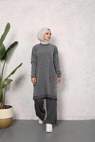 KADIN MODEST YAN ÇİZGİ DESENLİ SİMLİ TRİKO TUNİK PANTOLON 2Lİ ALT-ÜST TAKIM