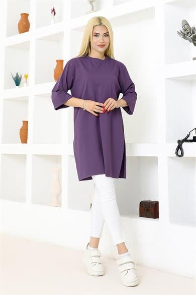 Kadın Mor Oversize Tunik Tişört – Yarım Kollu, Yuvarlak Yaka, Rahat Kesim
