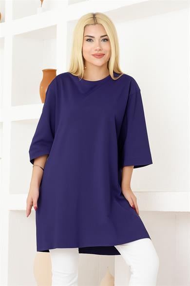 Kadın Morcivert Rengi Oversize Tunik Tişört – Yarım Kollu, Yuvarlak Yaka, Rahat Kesim