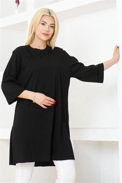 KADIN OVERSİZE RAHAT KALIP KISA KOL DÜZ BASİC YANDAN YIRTMAÇLI İÇLİK SİYAH RENK T-SHIRT