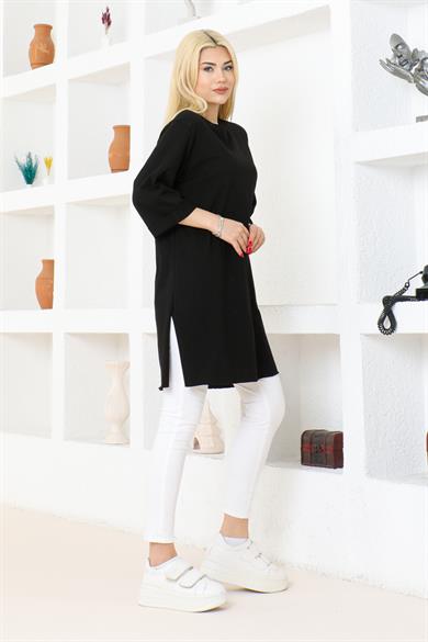 KADIN OVERSİZE RAHAT KALIP KISA KOL DÜZ BASİC YANDAN YIRTMAÇLI İÇLİK SİYAH RENK T-SHIRT