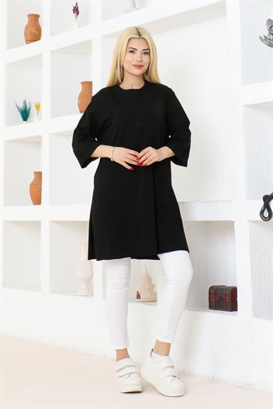 KADIN OVERSİZE RAHAT KALIP KISA KOL DÜZ BASİC YANDAN YIRTMAÇLI İÇLİK SİYAH RENK T-SHIRT