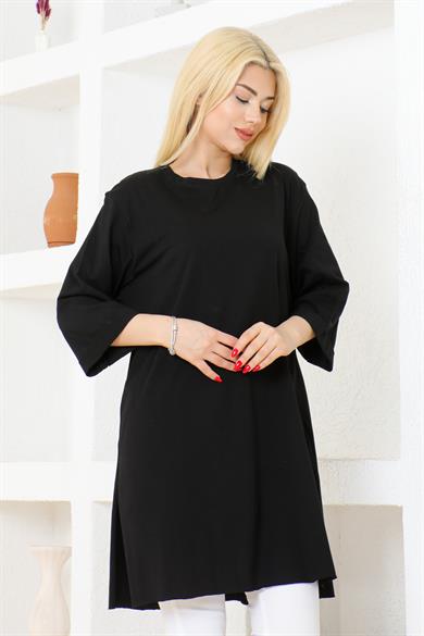KADIN OVERSİZE RAHAT KALIP KISA KOL DÜZ BASİC YANDAN YIRTMAÇLI İÇLİK SİYAH RENK T-SHIRT
