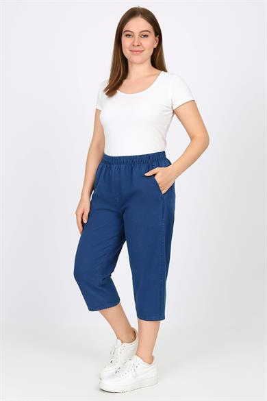Kadın Rahat Kalıp Lacivert Keten Hambez Kapri – Yazlık Günlük Model