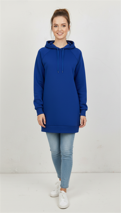 Kadın Saks Mavi Basic Oversize Kapüşonlu Çan Model Sweatshirt