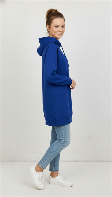 Kadın Saks Mavi Basic Oversize Kapüşonlu Çan Model Sweatshirt