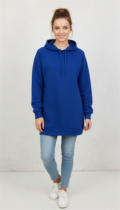 Kadın Saks Mavi Basic Oversize Kapüşonlu Çan Model Sweatshirt