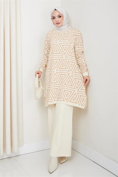 Kadın Salaş Model Geometrik Desenli Tesettür Triko Tunik