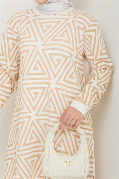 Kadın Salaş Model Geometrik Desenli Tesettür Triko Tunik