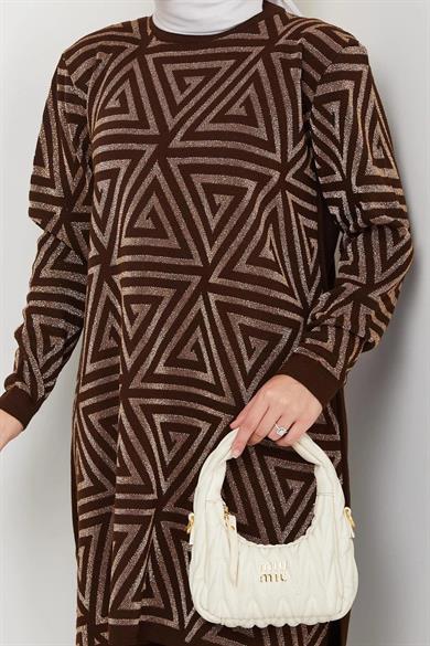 Kadın Salaş Model Geometrik Desenli Tesettür Triko Tunik