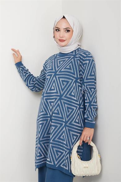 Kadın Salaş Model Geometrik Desenli Tesettür Triko Tunik