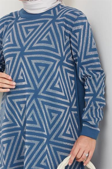 Kadın Salaş Model Geometrik Desenli Tesettür Triko Tunik