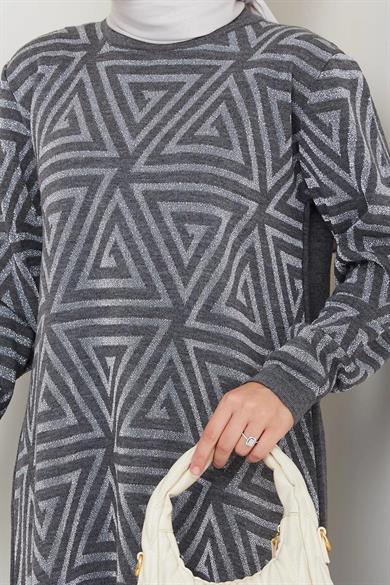 Kadın Salaş Model Geometrik Desenli Tesettür Triko Tunik