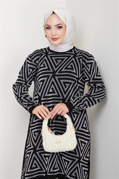Kadın Salaş Model Geometrik Desenli Tesettür Triko Tunik