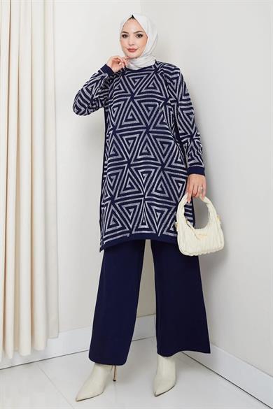 Kadın Salaş Model Geometrik Desenli Tesettür Triko Tunik