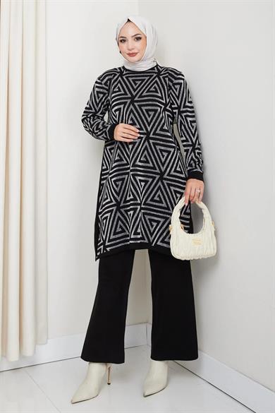 Kadın Salaş Model Geometrik Desenli Tesettür Triko Tunik