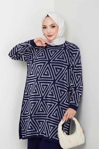 Kadın Salaş Model Geometrik Desenli Tesettür Triko Tunik