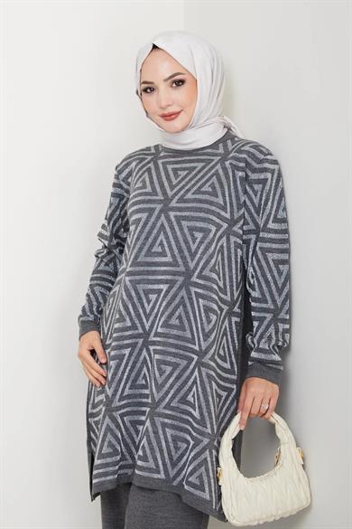 Kadın Salaş Model Geometrik Desenli Tesettür Triko Tunik