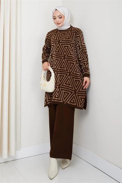 Kadın Salaş Model Geometrik Desenli Tesettür Triko Tunik