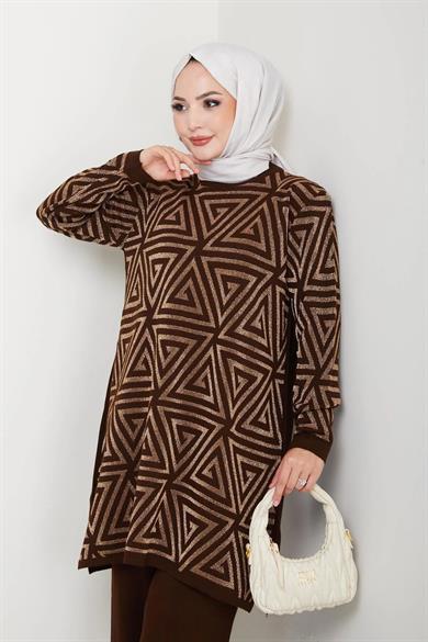 Kadın Salaş Model Geometrik Desenli Tesettür Triko Tunik