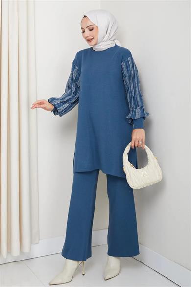 Kadın Salaş Model Kolu Desenli Tesettür Triko Tunik