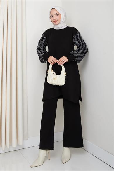Kadın Salaş Model Kolu Desenli Tesettür Triko Tunik