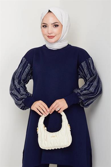 Kadın Salaş Model Kolu Desenli Tesettür Triko Tunik