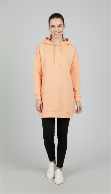 Kadın Şeftali Rengi Basic Oversize Kapüşonlu Çan Model Sweatshirt