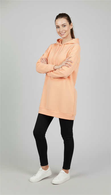 Kadın Şeftali Rengi Basic Oversize Kapüşonlu Çan Model Sweatshirt