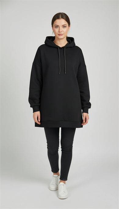Kadın Siyah Basic Oversize Kapüşonlu Çan Model Sweatshirt