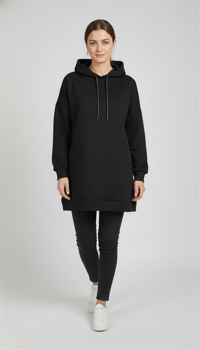 Kadın Siyah Basic Oversize Kapüşonlu Çan Model Sweatshirt