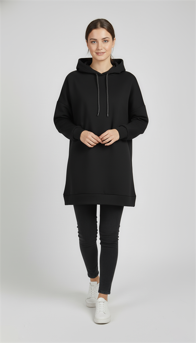 Kadın Siyah Basic Oversize Kapüşonlu Çan Model Sweatshirt