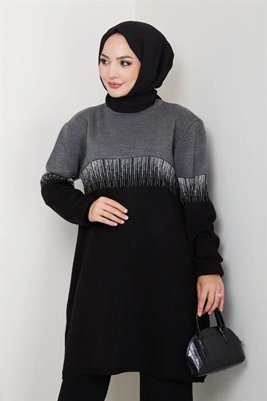 Kadın Simli Desenli Triko Tunik – Uzun Kol Rahat Kalıp