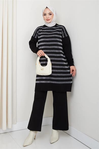 Kadın Siyah Triko Kazak – Geometrik Simli Desenli Salaş Model