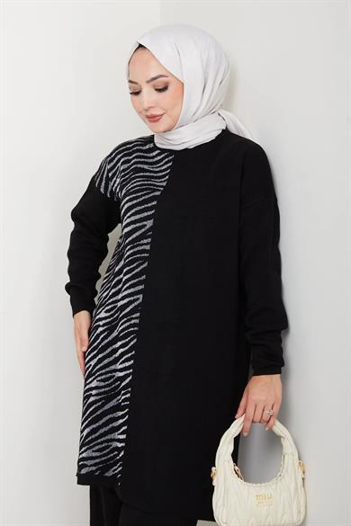 Kadın Siyah Zebra Desenli Triko Tunik – Uzun Kol Rahat Kalıp
