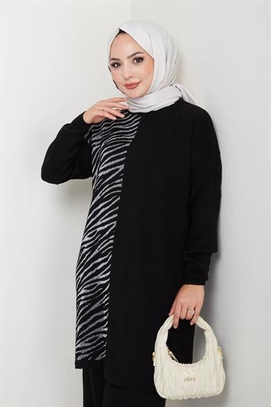 Kadın Siyah Zebra Desenli Triko Tunik – Uzun Kol Rahat Kalıp