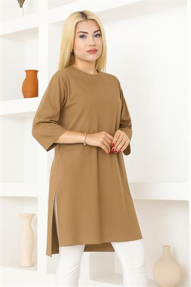 Kadın Sütlü Kahve Rengi Oversize Tunik Tişört – Yarım Kollu, Yuvarlak Yaka, Rahat Kesim