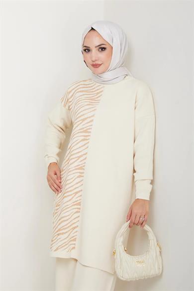 Kadın Taba Zebra Desenli Triko Tunik – Uzun Kol Rahat Kalıp