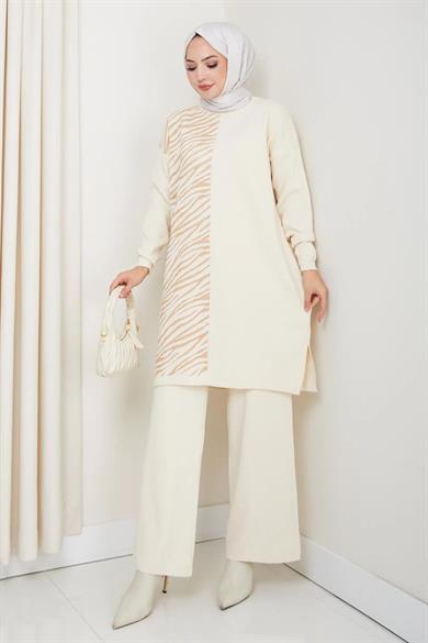 Kadın Taba Zebra Desenli Triko Tunik – Uzun Kol Rahat Kalıp