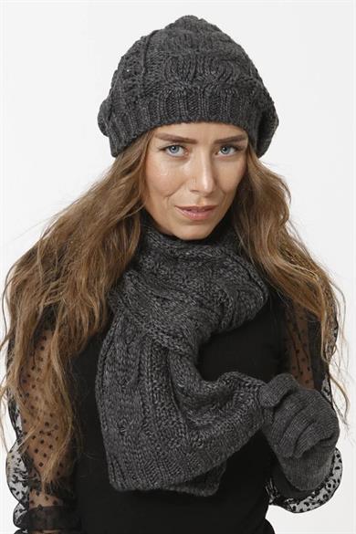 Kadın Triko Örgü Model Antrasit Atkı Bere Eldiven Set