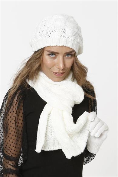 Kadın Triko Örgü Model Krem Atkı Bere Eldiven Set