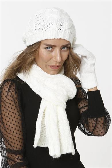 Kadın Triko Örgü Model Krem Atkı Bere Eldiven Set