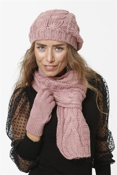 Kadın Triko Örgü Model Pembe Atkı Bere Eldiven Set