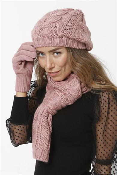 Kadın Triko Örgü Model Pembe Atkı Bere Eldiven Set