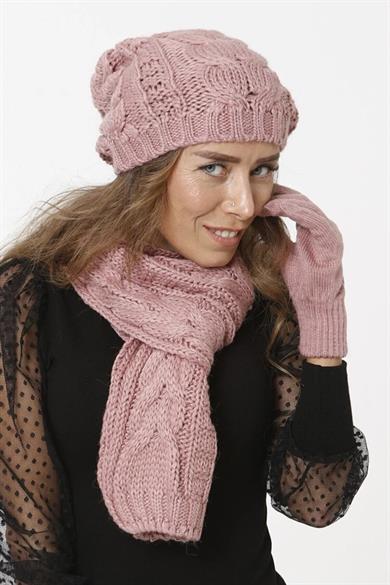 Kadın Triko Örgü Model Pembe Atkı Bere Eldiven Set